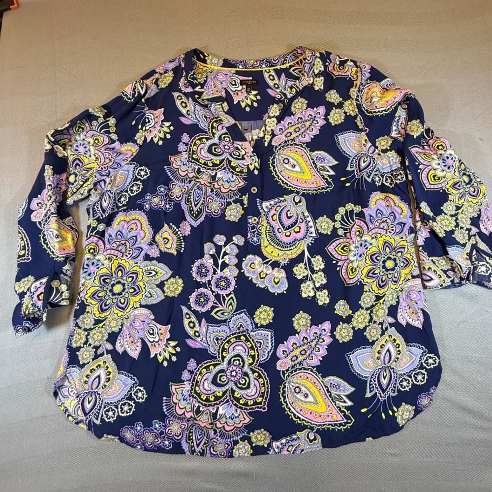 Talbots Plus Navy Blue Paisley Floral Rayon Blouse 2X 3/4 Sleeve Split Neck 2535